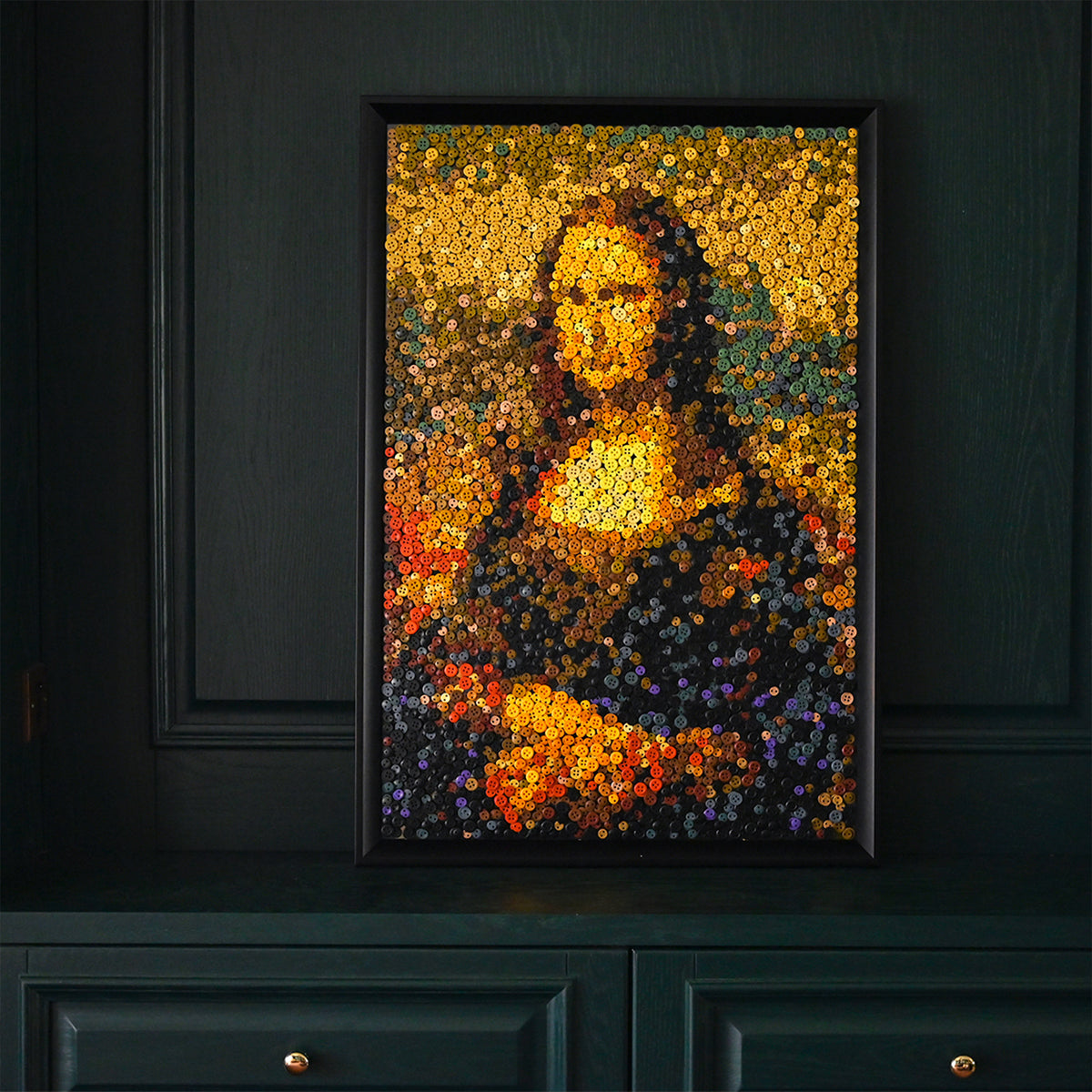 The Mona Lisa button artwork featured as timeless artistic home decor