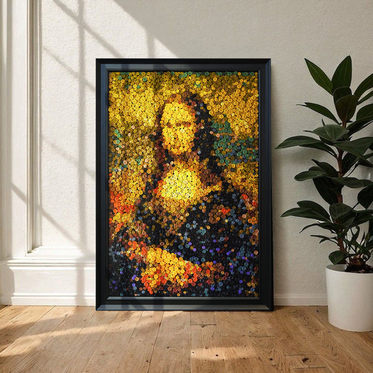 The Mona Lisa button art displayed as statement portrait wall decor in a modern interior