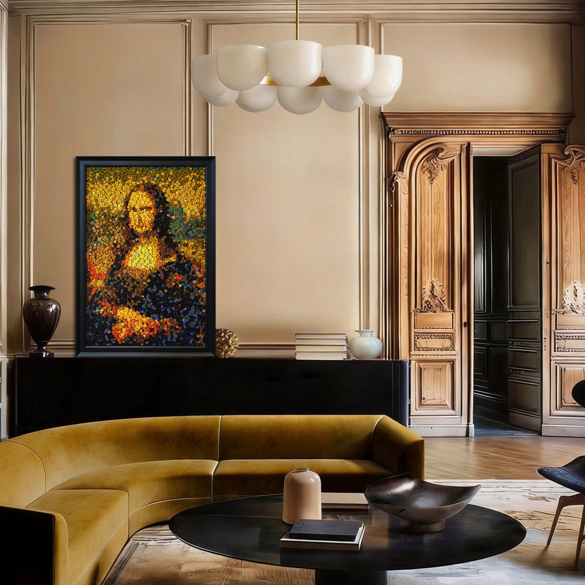 The Mona Lisa textured button artwork featuring a classic portrait inspired by Leonardo da Vinci displayed in a contemporary home