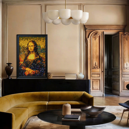 The Mona Lisa textured button artwork featuring a classic portrait inspired by Leonardo da Vinci displayed in a contemporary home