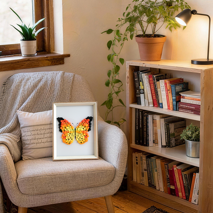 Framed butterfly button artwork on a chair next to a bookshelf with books and plants.