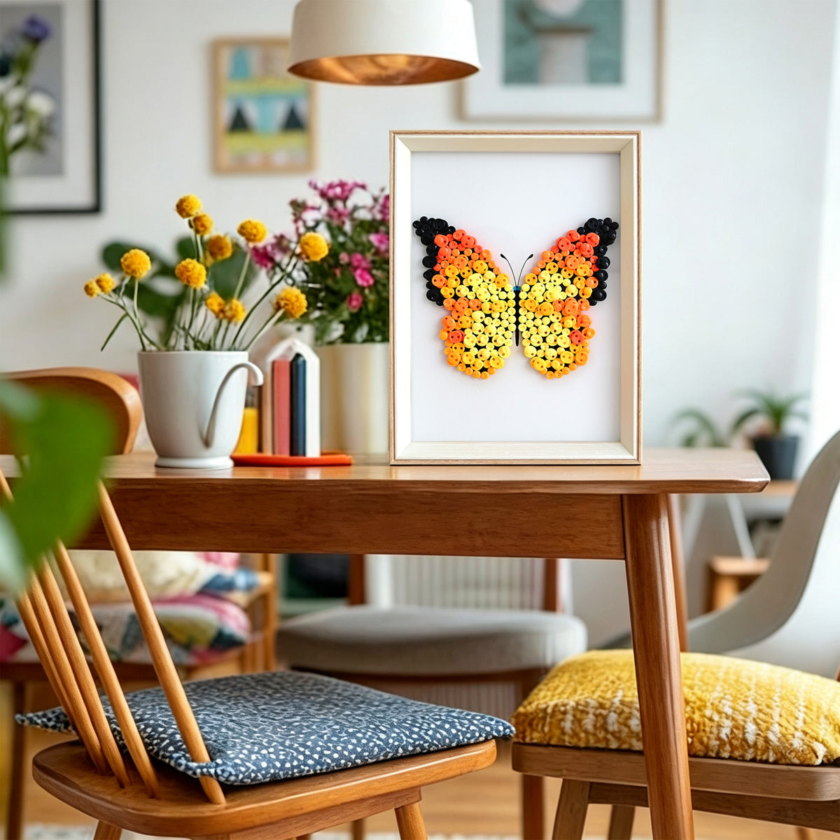 Orange Butterfly button artwork adding a warm and colorful artistic touch to a room
