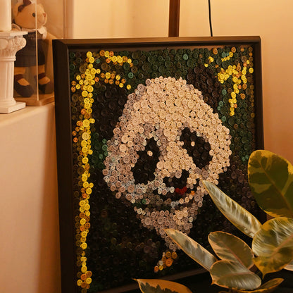 Panda button artwork featured as playful nature-inspired home decor