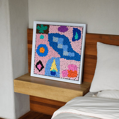 Pastel Party button art displayed as statement abstract wall decor in a modern interior