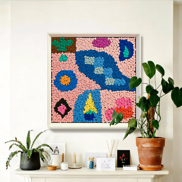 Pastel Party button art displayed as colorful abstract wall decor in a cozy living room