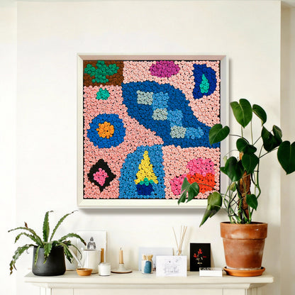Pastel Party button art displayed as colorful abstract wall decor in a cozy living room