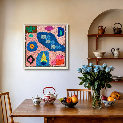 Pastel Party textured button artwork featuring colorful geometric shapes displayed as distinctive abstract wall decor in a contemporary home