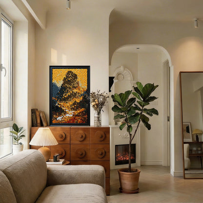 Path of Prosperity textured wall art featuring a golden mountain landscape displayed in a stylish home interior