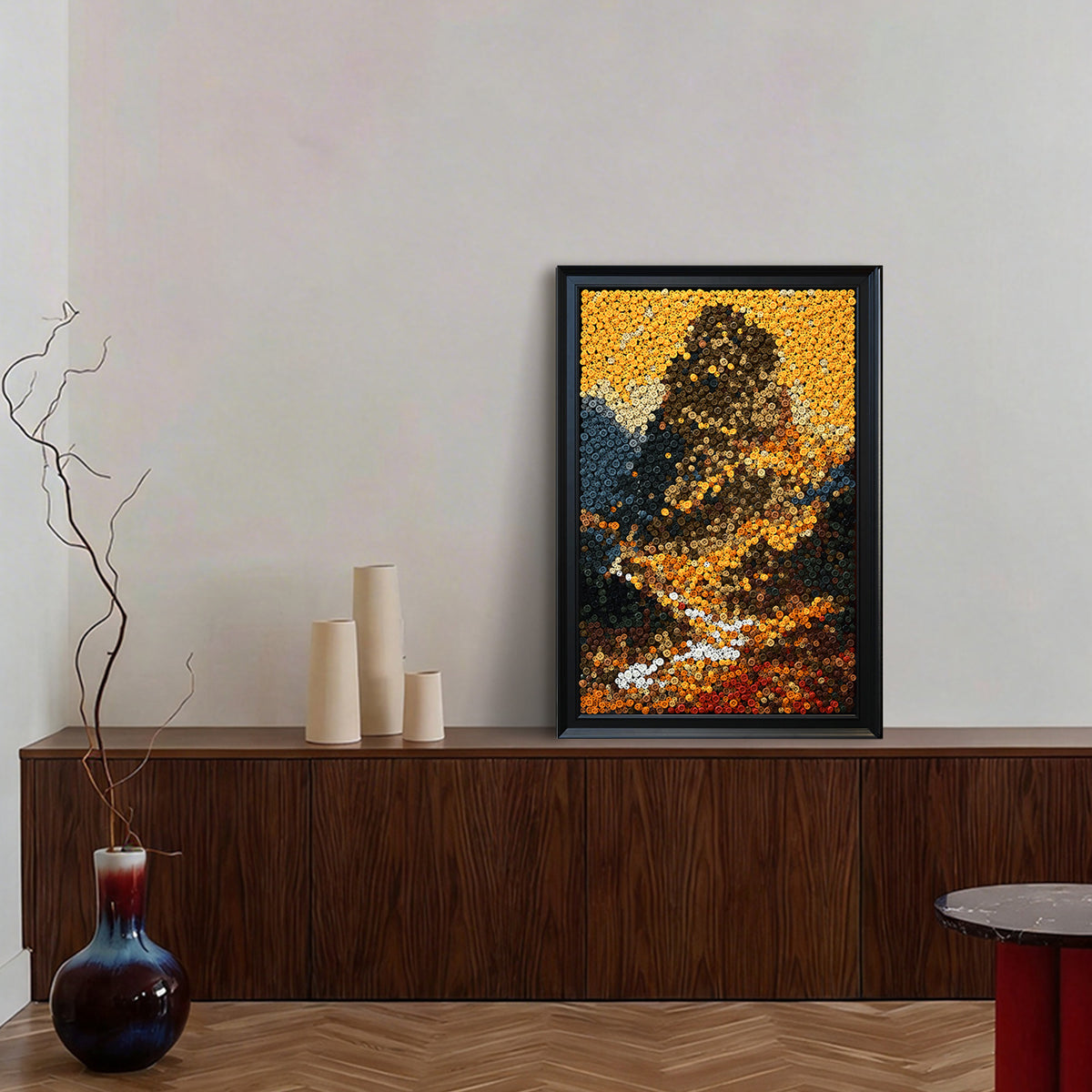 Path of Prosperity button art displayed as statement mountain wall decor in a modern interior