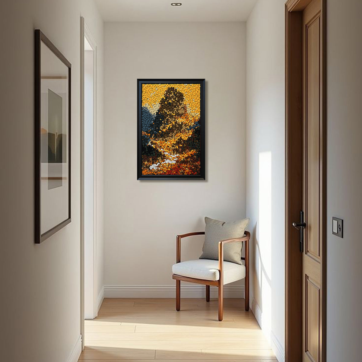 Path of Prosperity textured button artwork featuring a winding golden road toward the mountain peak, symbolizing growth, success, and prosperity in a contemporary home