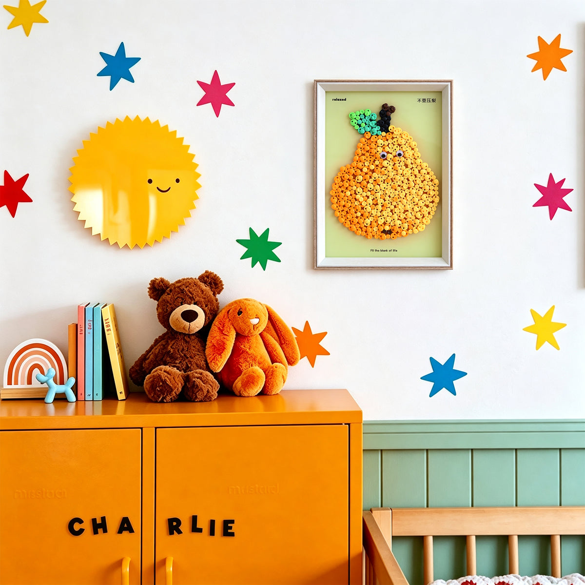 Pear button artwork adding a fresh and natural touch to a room