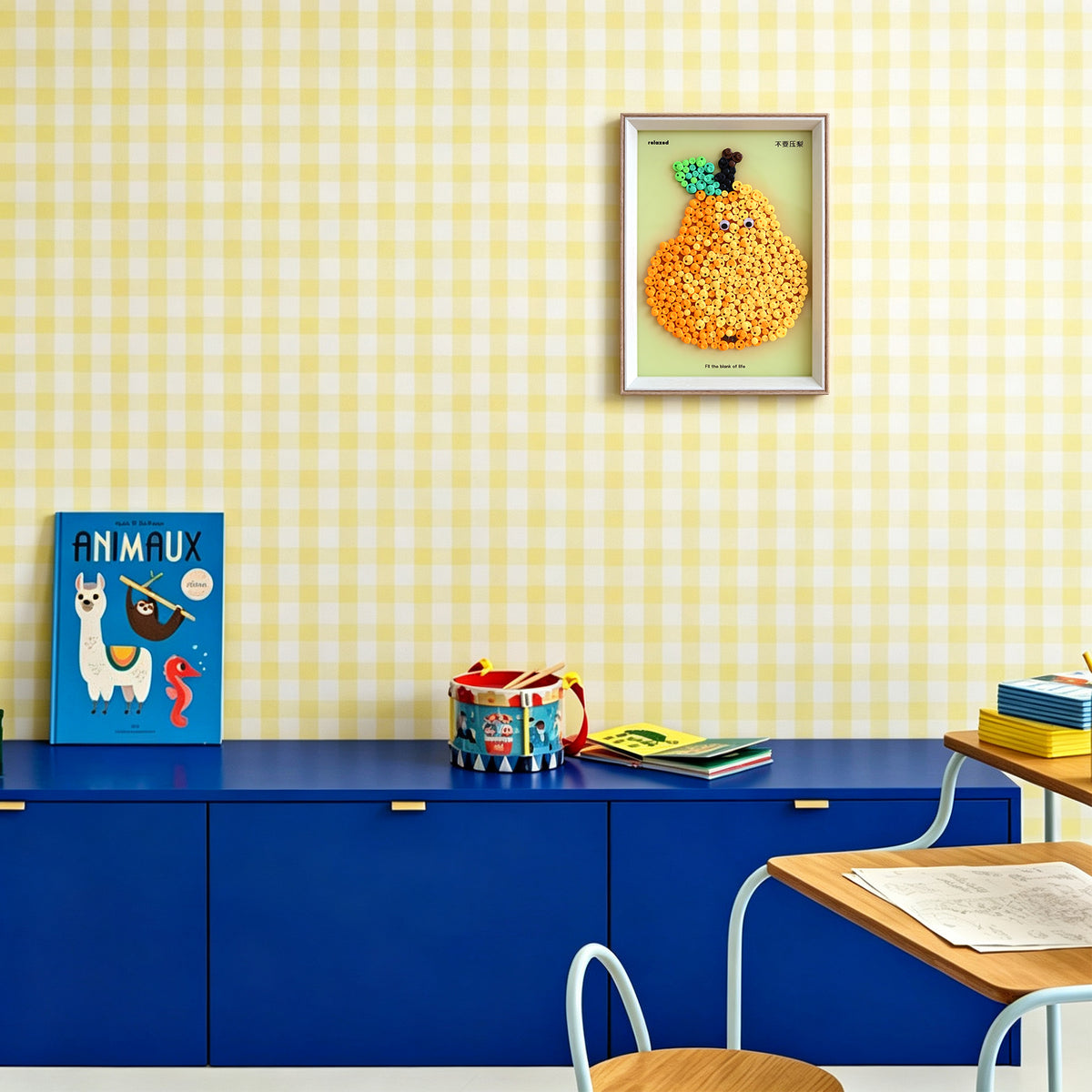 Pear button art displayed as unique fruit wall decor in a modern interior