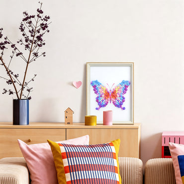 Pink Purple Butterfly button art displayed as unique butterfly wall decor in a modern interior
