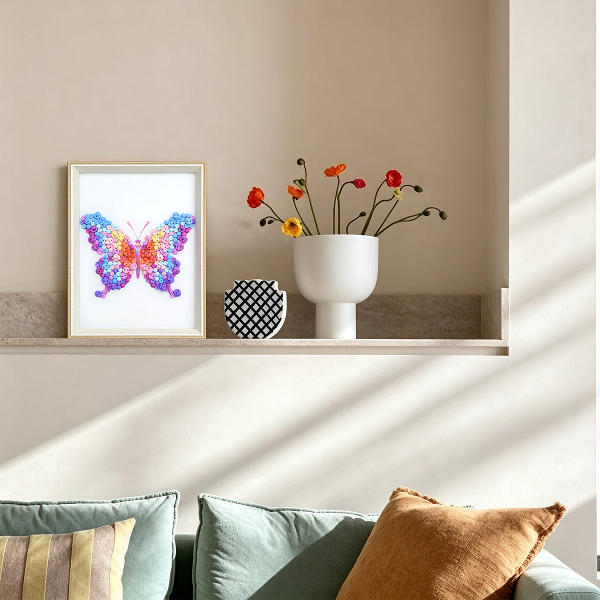 Pink Purple Butterfly button art displayed as colorful wall decor in a cozy living room