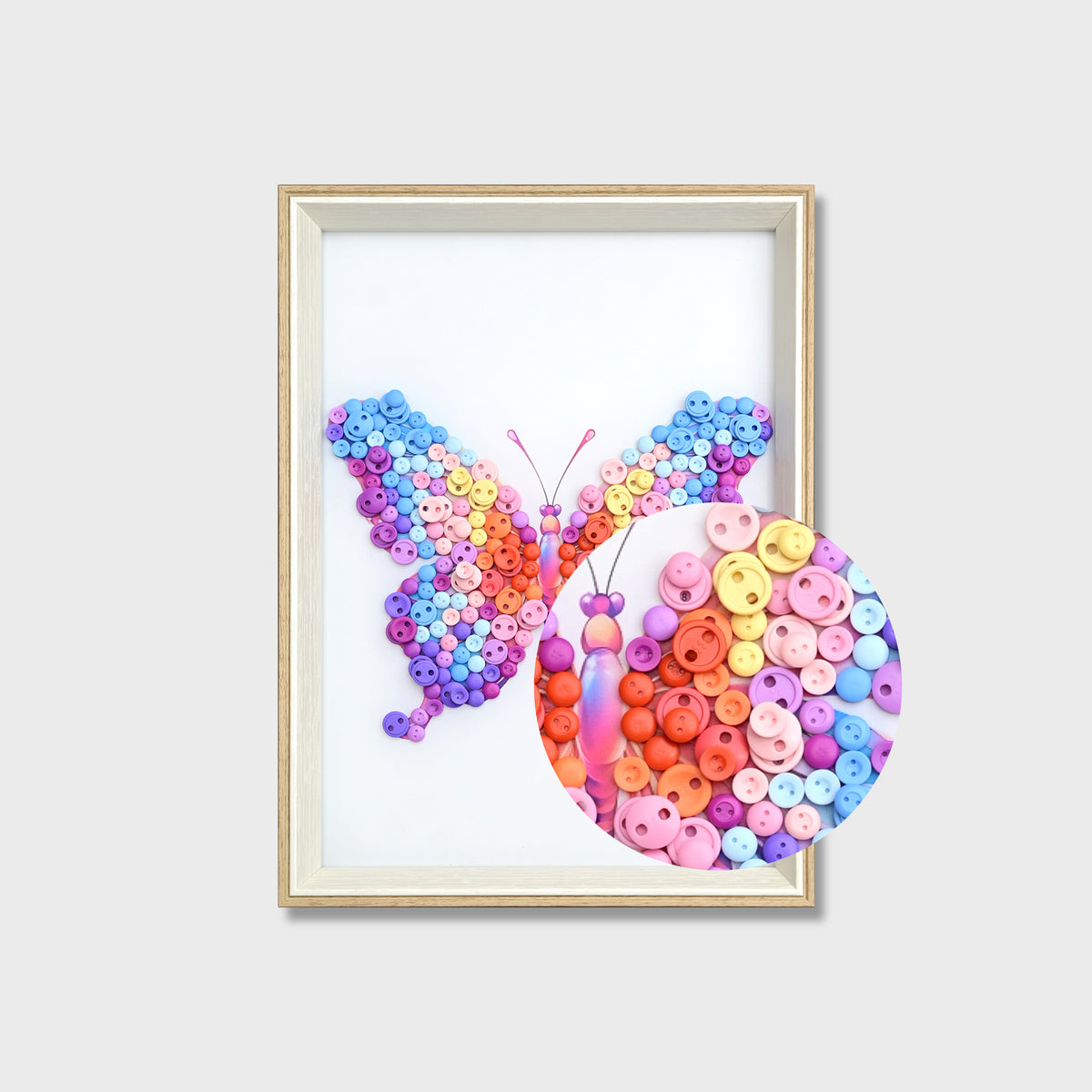 Close-up of Pink Purple Butterfly button art showing layered pink and purple buttons with detailed wing textures