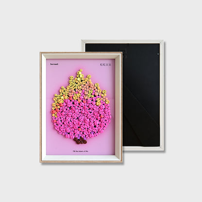 Finished Pitaya button art showing a vibrant pink dragon fruit design