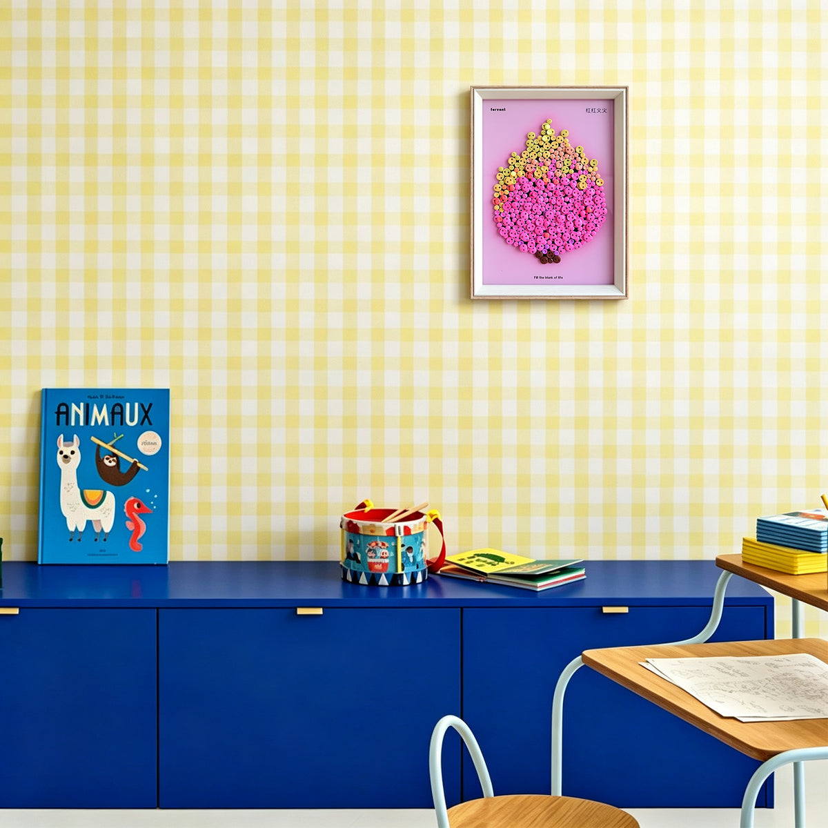 Pitaya button art displayed as colorful wall decor in a cozy living room