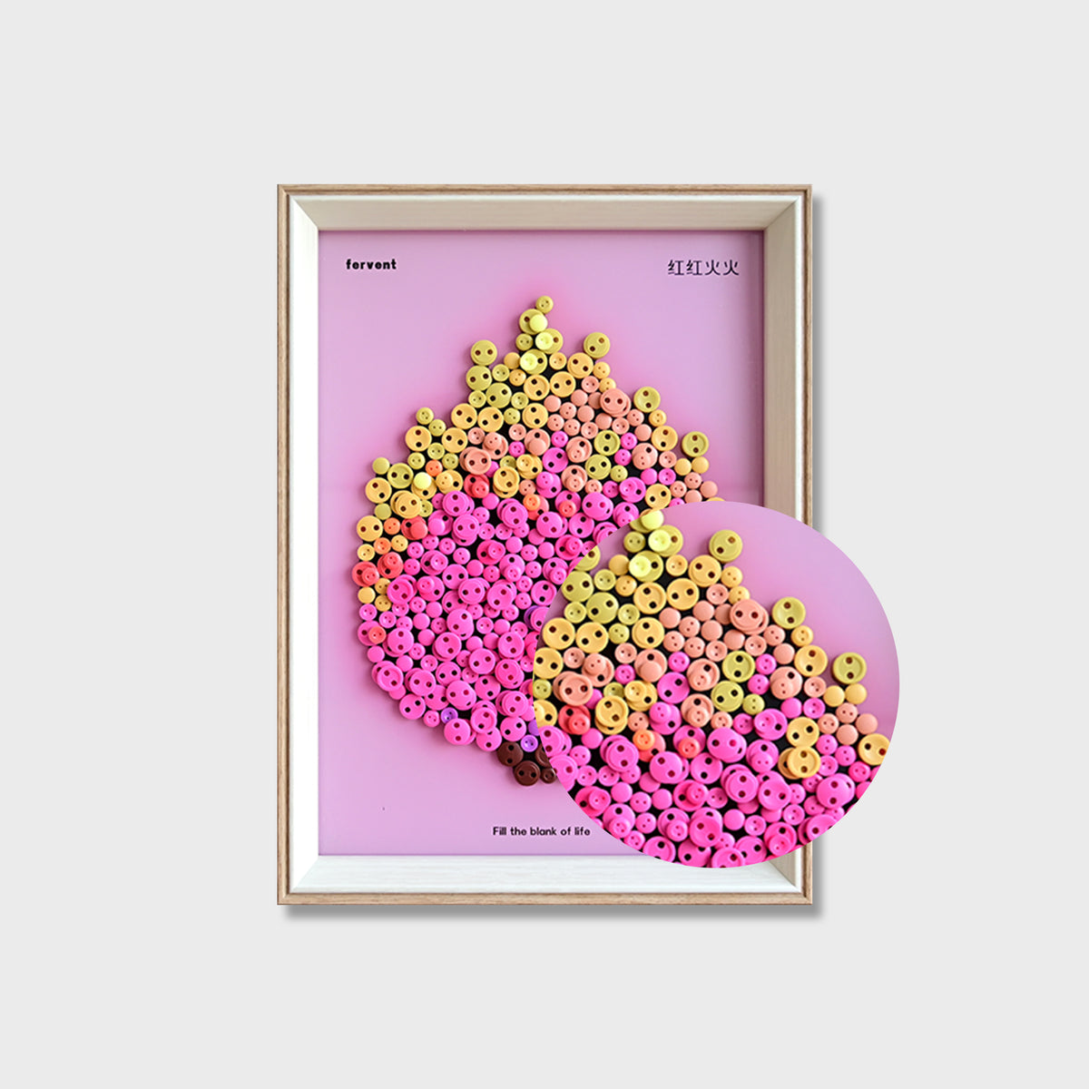 Close-up of Pitaya button art showing layered pink buttons and textured dragon fruit details