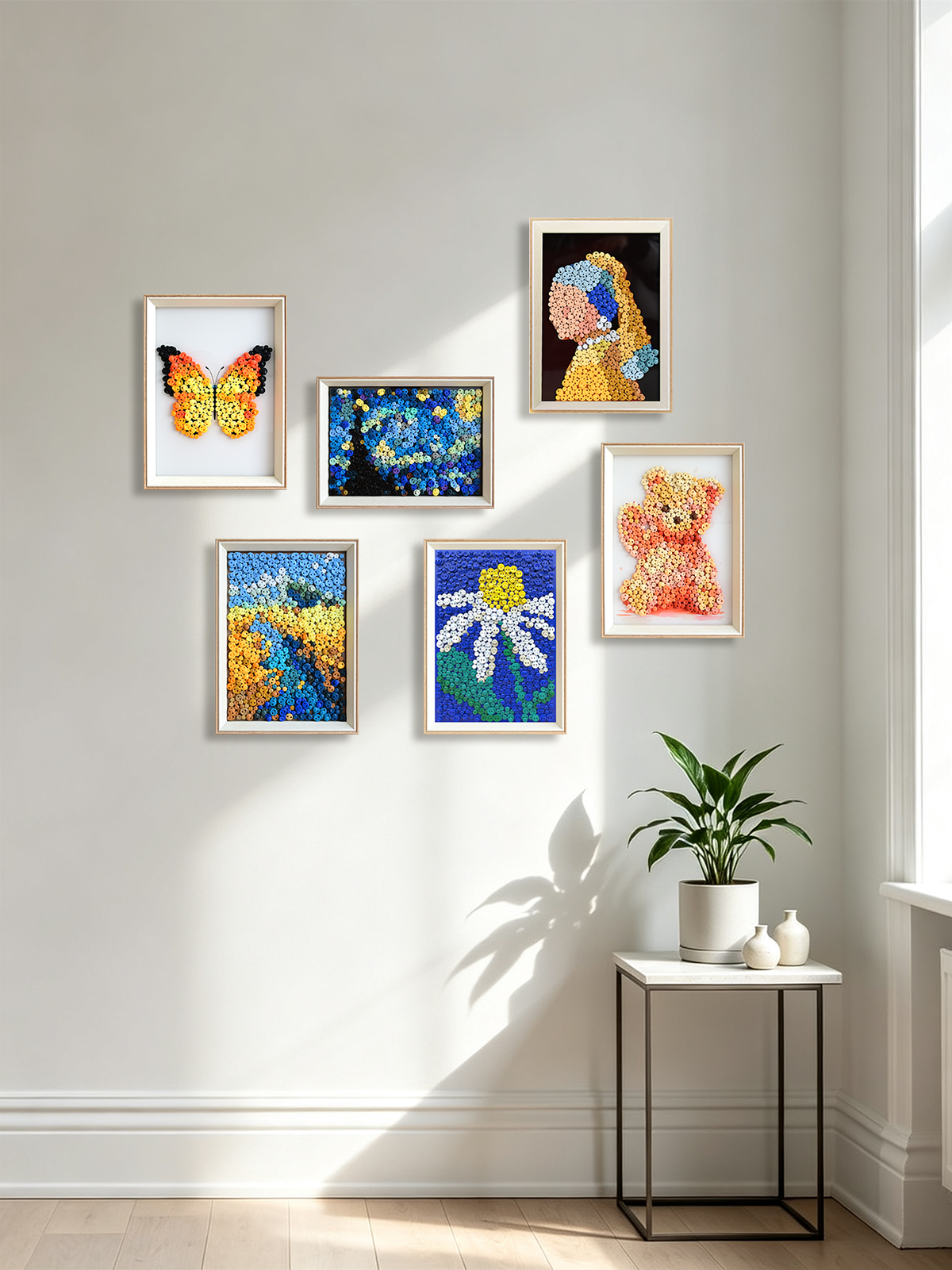 Gallery wall featuring colorful button artwork in different designs and sizes