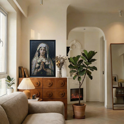 Praying Virgin Mary textured wall art displayed in a serene home interior