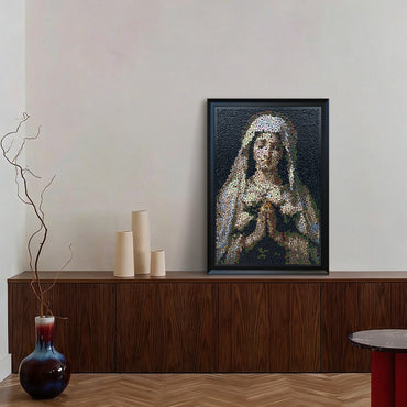 Praying Virgin Mary button art displayed as peaceful religious wall decor in a cozy living room