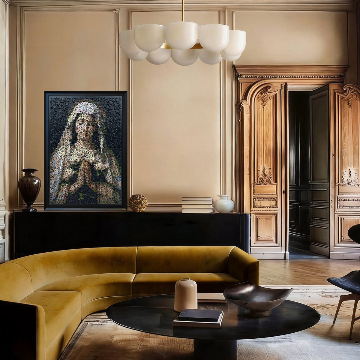 Praying Virgin Mary button artwork featured as Christian-inspired home decor
