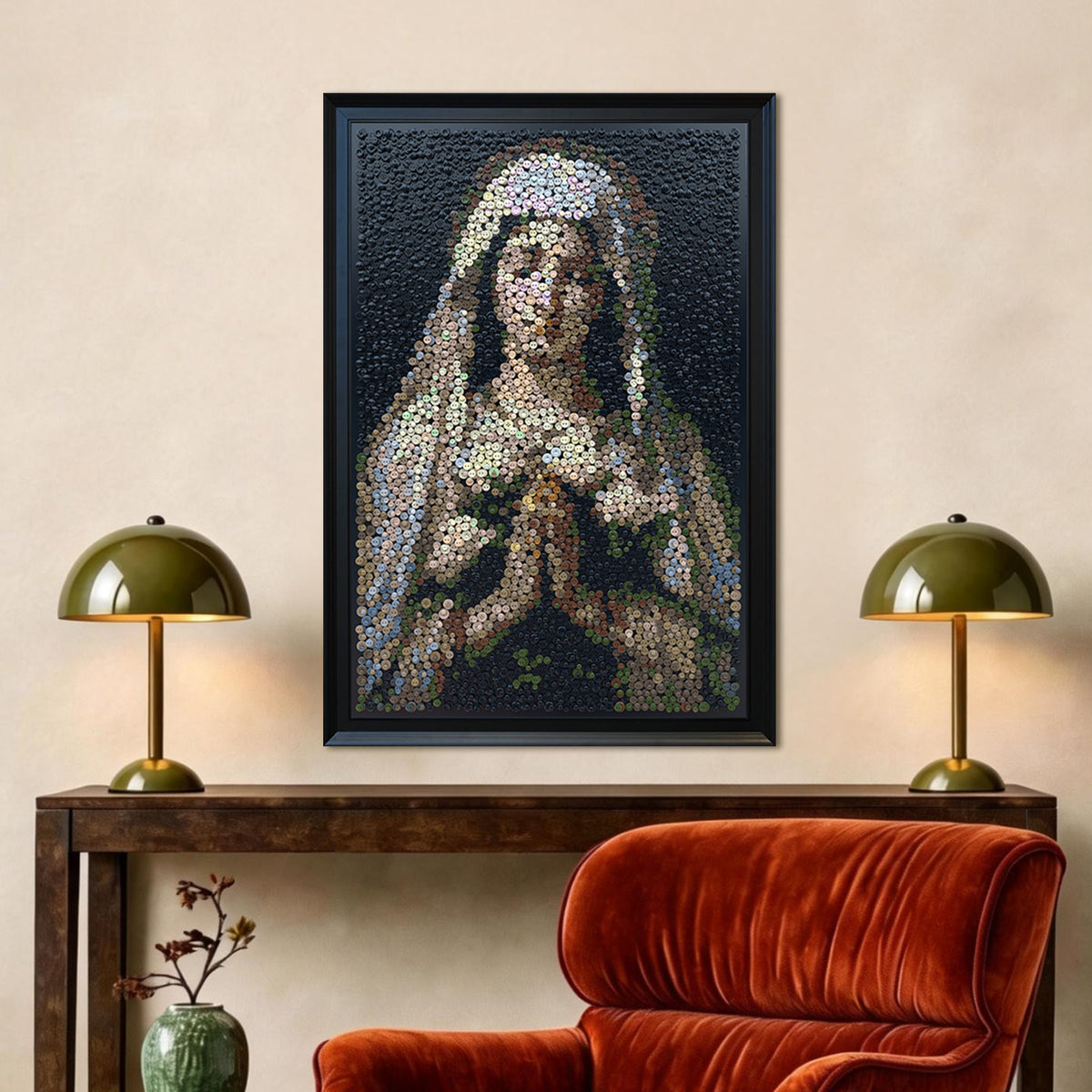 Praying Virgin Mary textured button artwork featuring white robes, a soft veil, and white roses displayed as distinctive Christian wall decor in a contemporary home