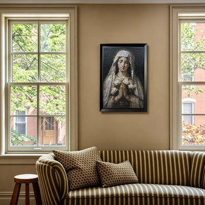 Praying Virgin Mary button art displayed as meaningful religious wall decor in a modern interior