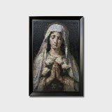 Praying Virgin Mary button art featuring Mary holding white roses while bowing her head in prayer