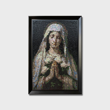 Praying Virgin Mary button art featuring Mary holding white roses while bowing her head in prayer