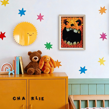 Pumpkin Monster button art displayed as playful Halloween wall decor in a cozy living room