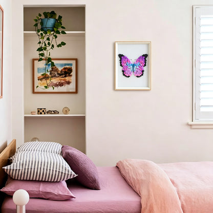 Purple Butterfly textured wall art displayed in a bright home interior