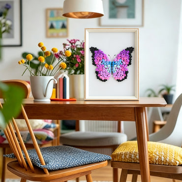 Purple Butterfly button art displayed as colorful wall decor in a cozy living room