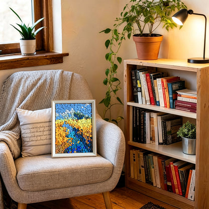 River DIY button art featured as peaceful landscape home decor