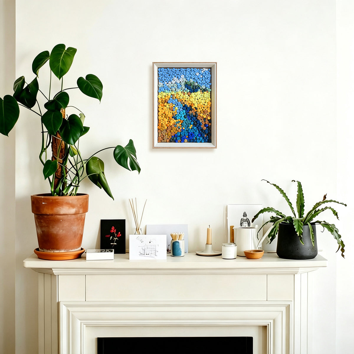 River button artwork adding a serene nature-inspired touch to a room