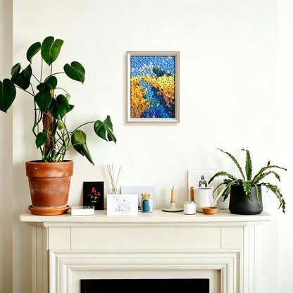 River button artwork adding a serene nature-inspired touch to a room