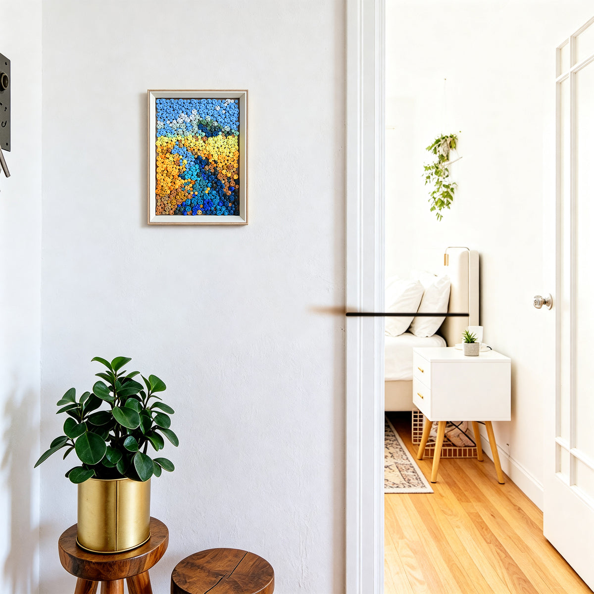 River textured wall art displayed in a bright home interior