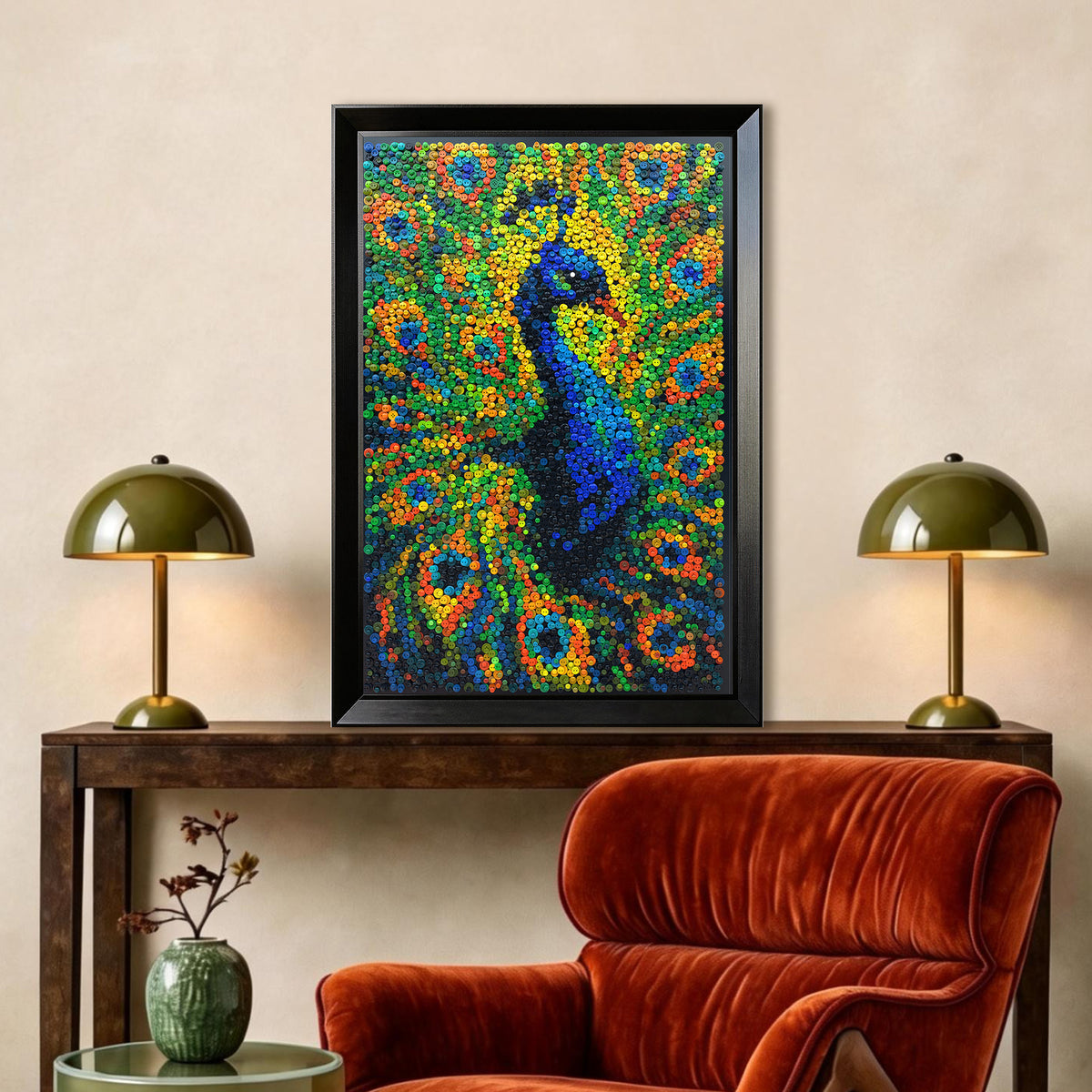 Royal Radiance button artwork featured as sophisticated bird-inspired home decor