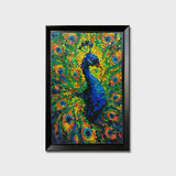 Royal Radiance button art featuring an elegant teal and blue peacock with its full tail feathers spread across the artwork