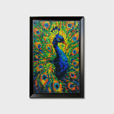 Royal Radiance button art featuring an elegant teal and blue peacock with its full tail feathers spread across the artwork