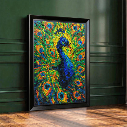 Royal Radiance textured wall art featuring a majestic peacock displayed in a stylish home interior