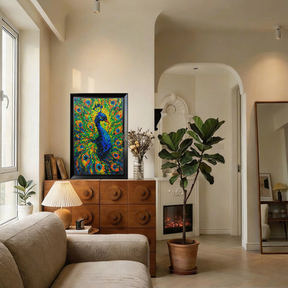 Royal Radiance button art displayed as statement peacock wall decor in a modern interior