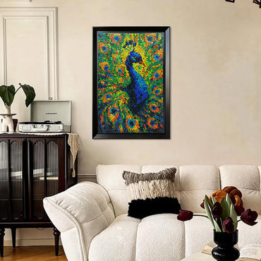 Royal Radiance button art displayed as elegant peacock wall decor in a cozy living room