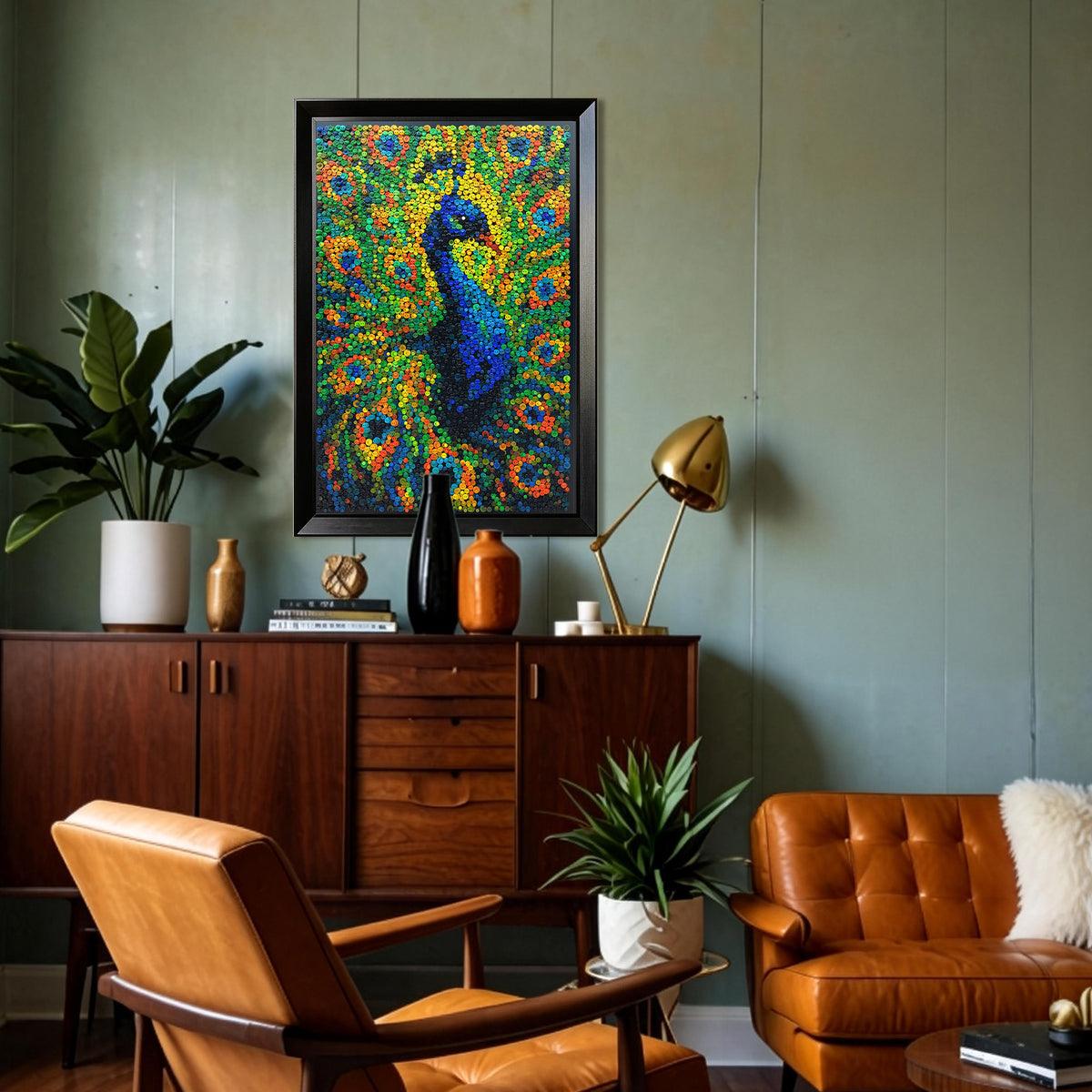 Royal Radiance textured button artwork featuring a majestic peacock with vibrant blue and teal tail feathers displayed in a contemporary home