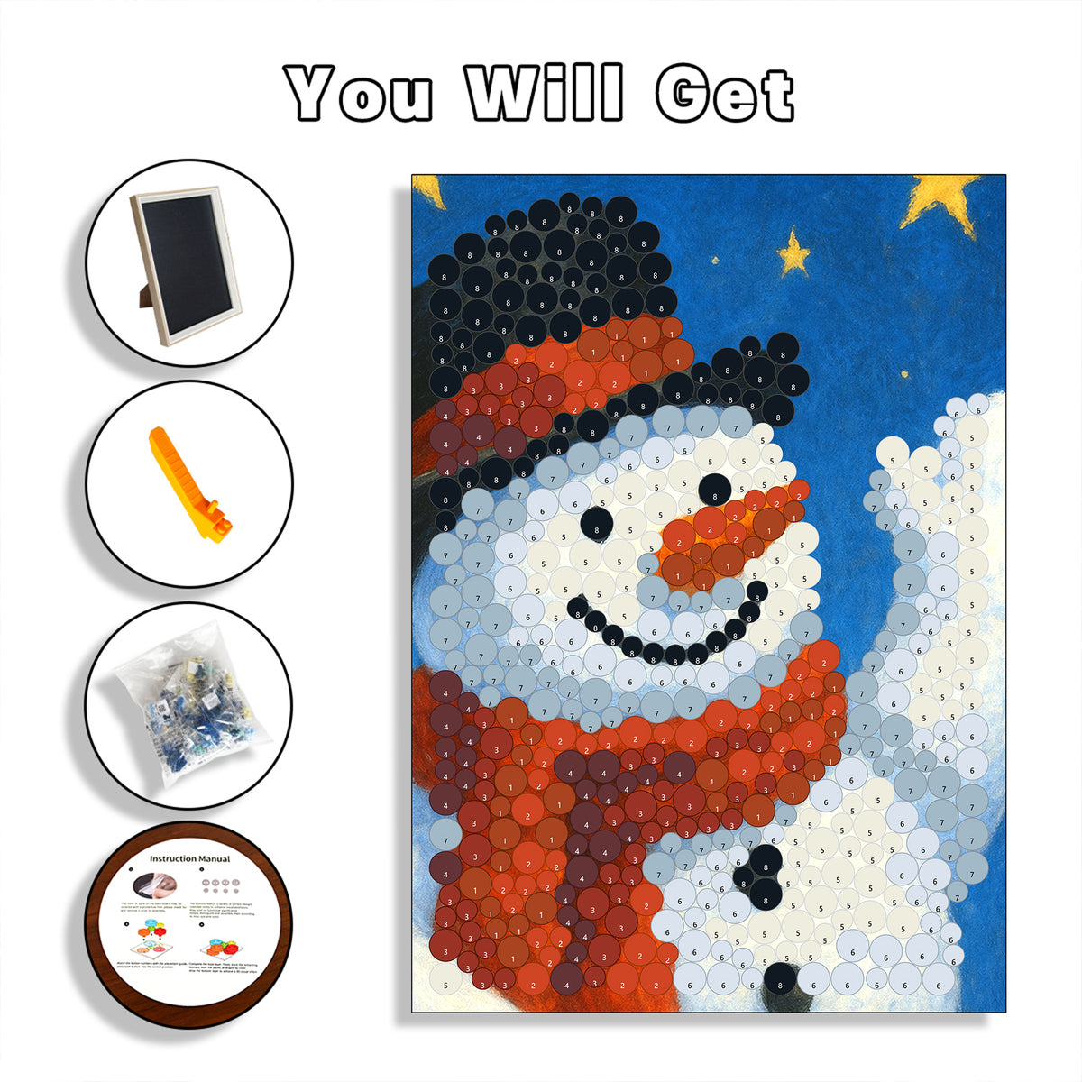 Christmas Snowman Button Art DIY kit with artwork board, colorful buttons, frame, and craft supplies