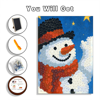 Christmas Snowman Button Art DIY kit with artwork board, colorful buttons, frame, and craft supplies