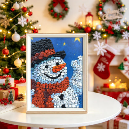 Christmas Snowman button art displayed as festive holiday decor in a cozy living room