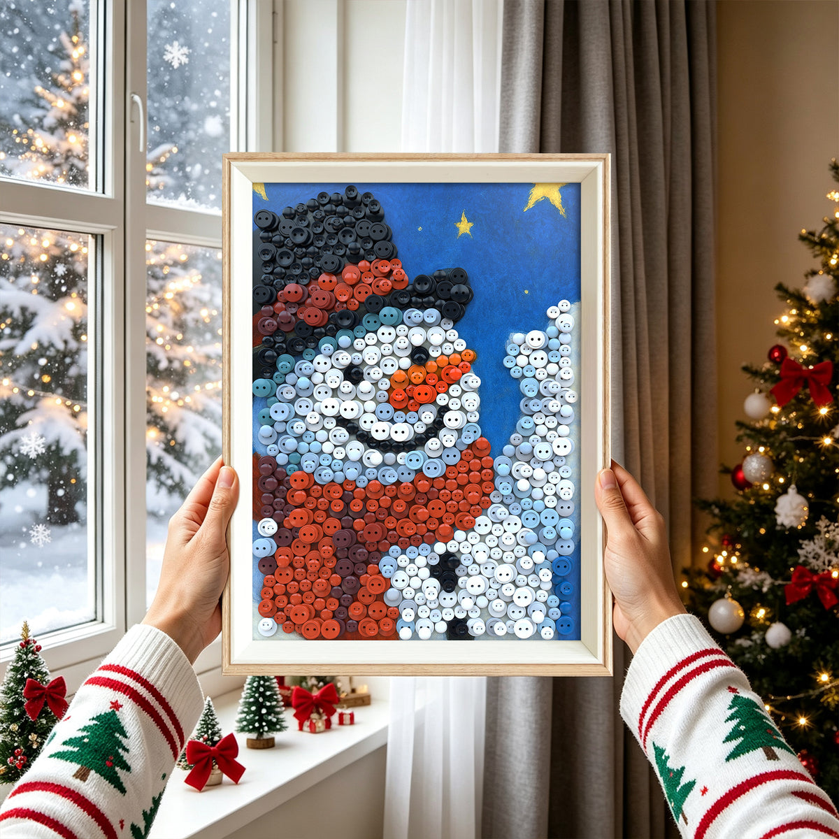 Christmas Snowman button artwork held beside a snowy window, adding a festive touch to a room