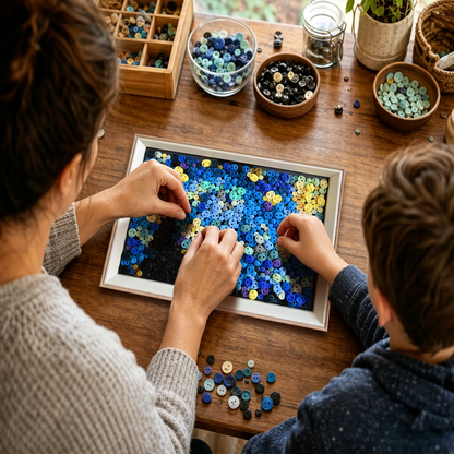 Hands placing buttons on a Starry Night craft kit as a relaxing creative hobby