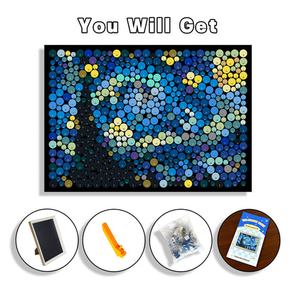 Starry Night Button Art DIY kit with artwork board, colorful buttons, frame, and craft supplies